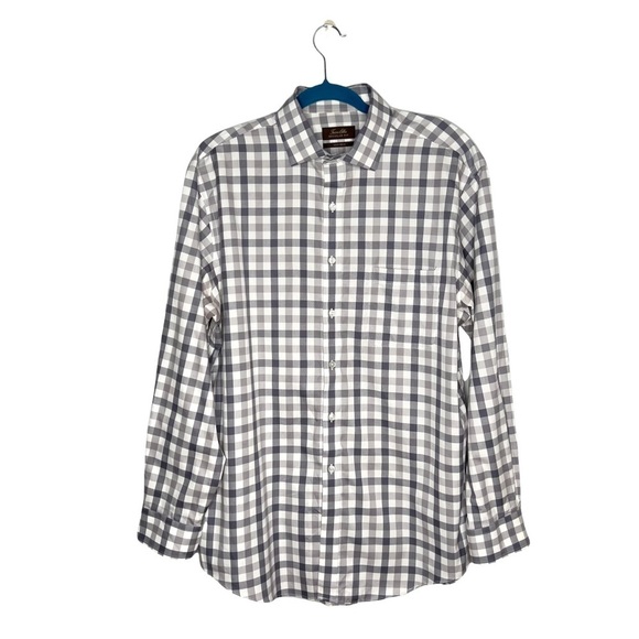 Tasso Elba Gray & White Plaid Regular Fit Non Iron Button Front Shirt - Picture 1 of 11